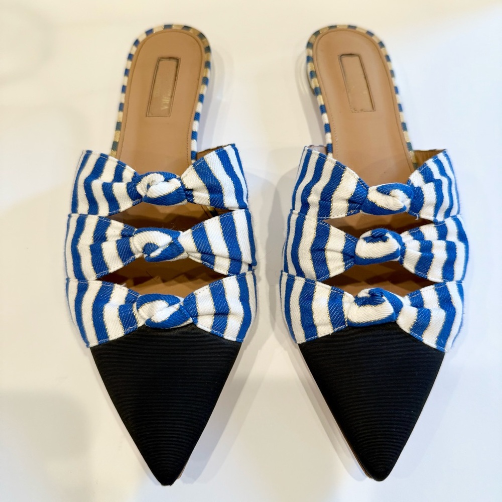 Aquazzura Flat Blue & White Striped Mules